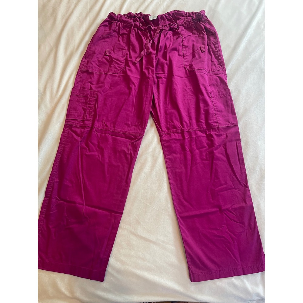 Butter-Soft Stretch Womens 2X Magenta Pink Cargo Scrub Pants Drawstring - Picture 2 of 12